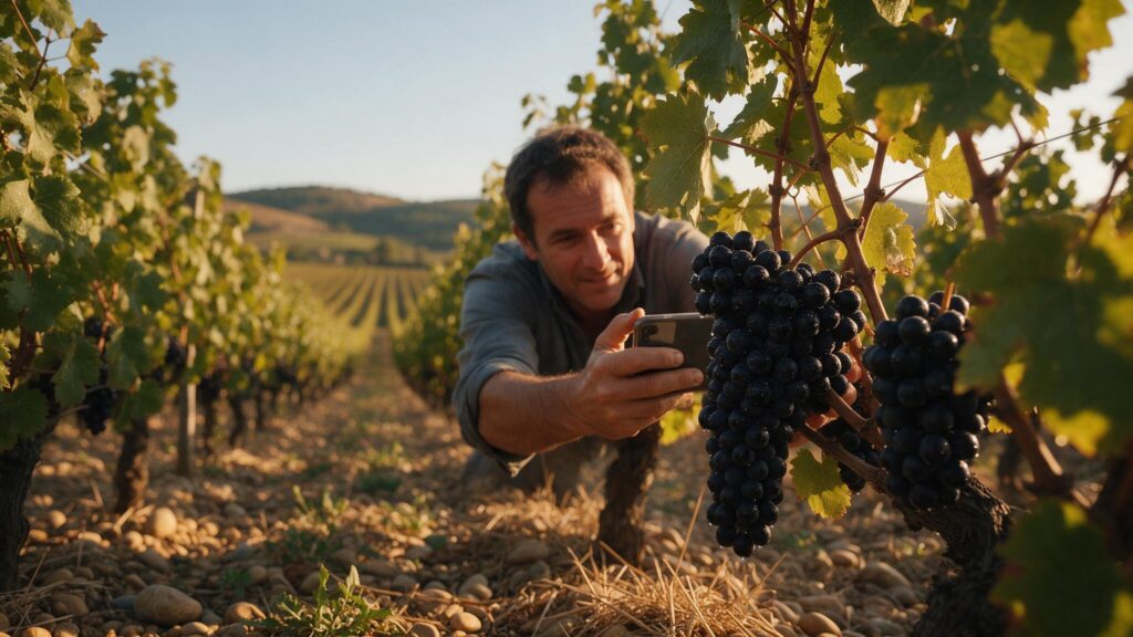 Un vigneron filme une grappe de raisin avec son smartphone dans les vignes d'un domaine du sud de la France