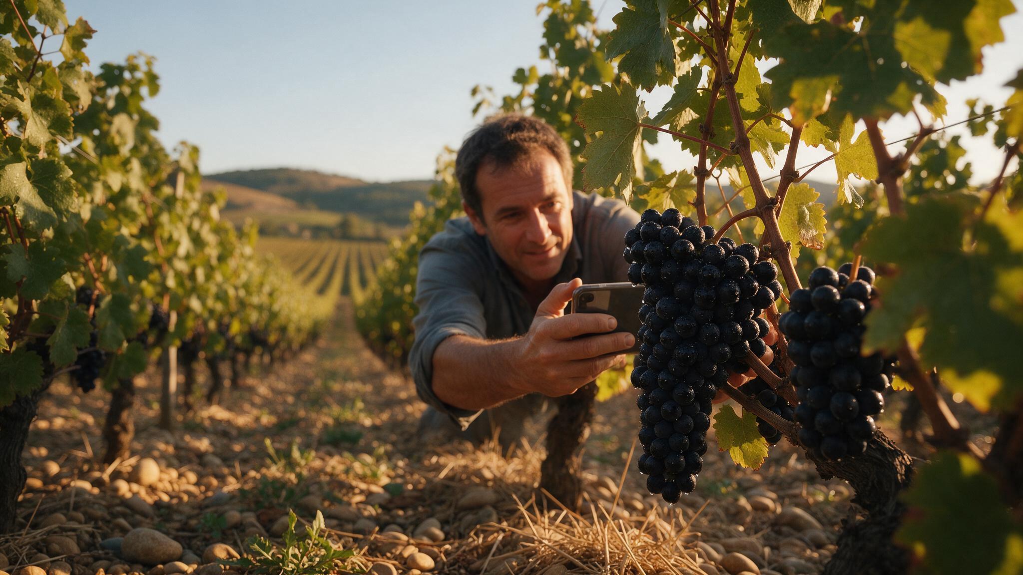 Un vigneron filme une grappe de raisin avec son smartphone dans les vignes d'un domaine du sud de la France